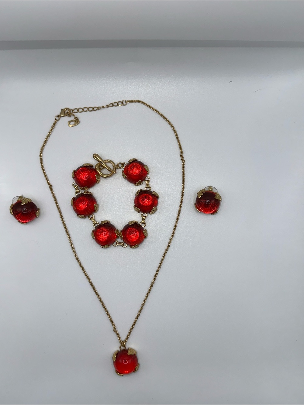 Gold-Tone Red Necklace, Bracelet & Earring Set